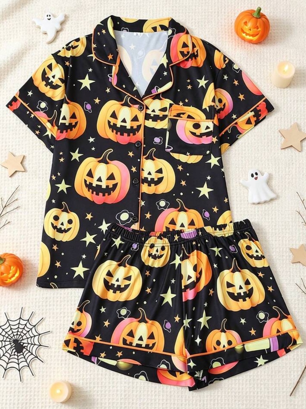 Women's 2Pcs Halloween Loungewear Pajama Set, Black Pumpkin Star Print Short